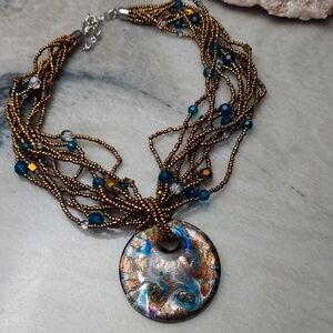 Multistrand Teal and Bronze Beaded Pendant Necklace
